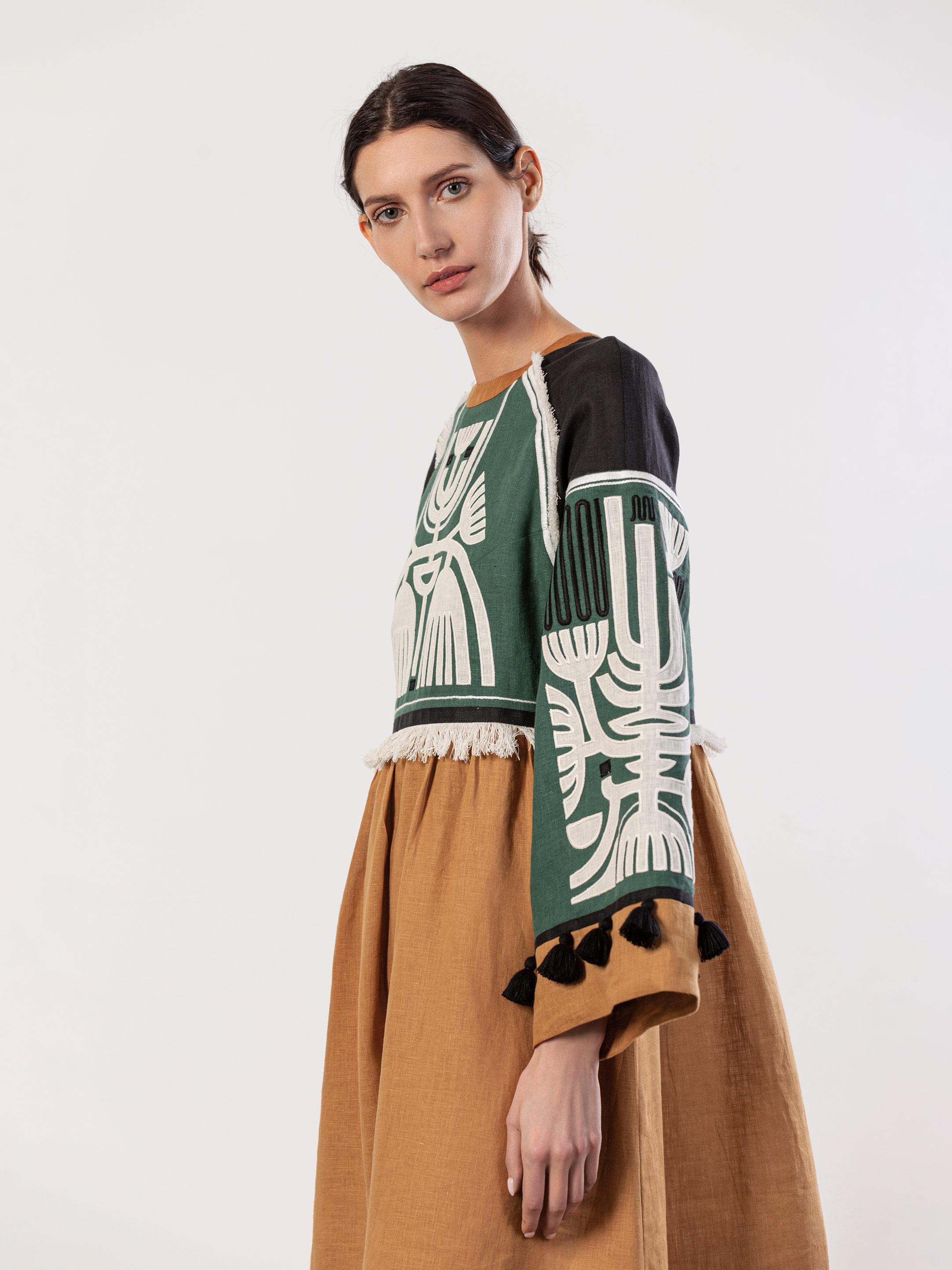 Green dress with black applique and embroidery VILHA buy in Kyiv