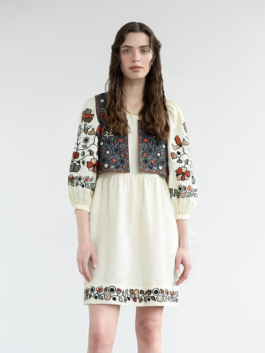 White linen dress with floral embroidery Sobachko buy in Kyiv
