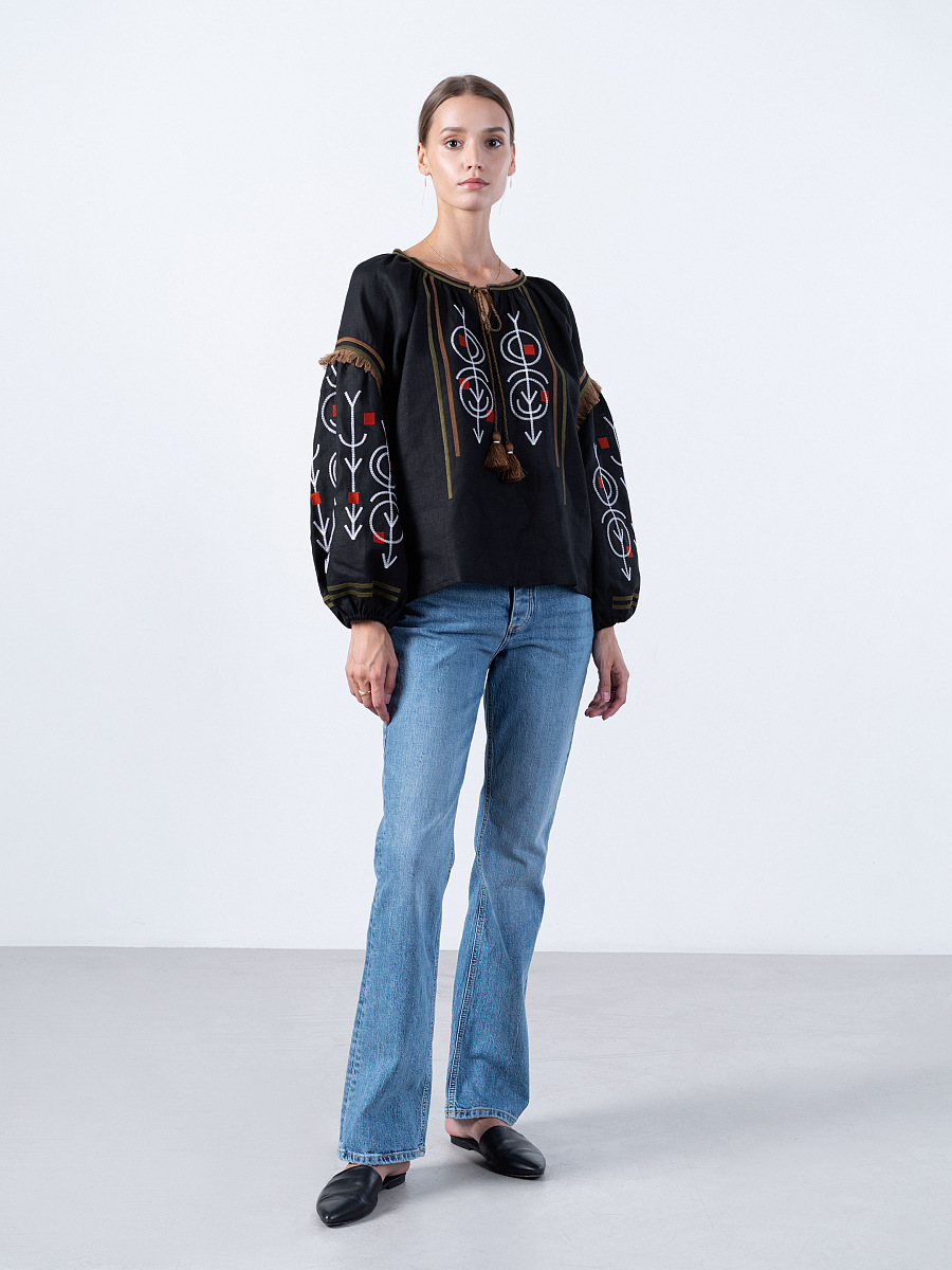 Linen embroidered shirt in black GEO [0]