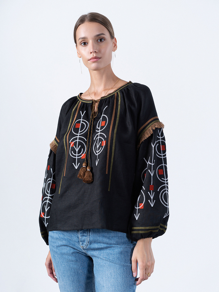 Linen embroidered shirt in black GEO [0]