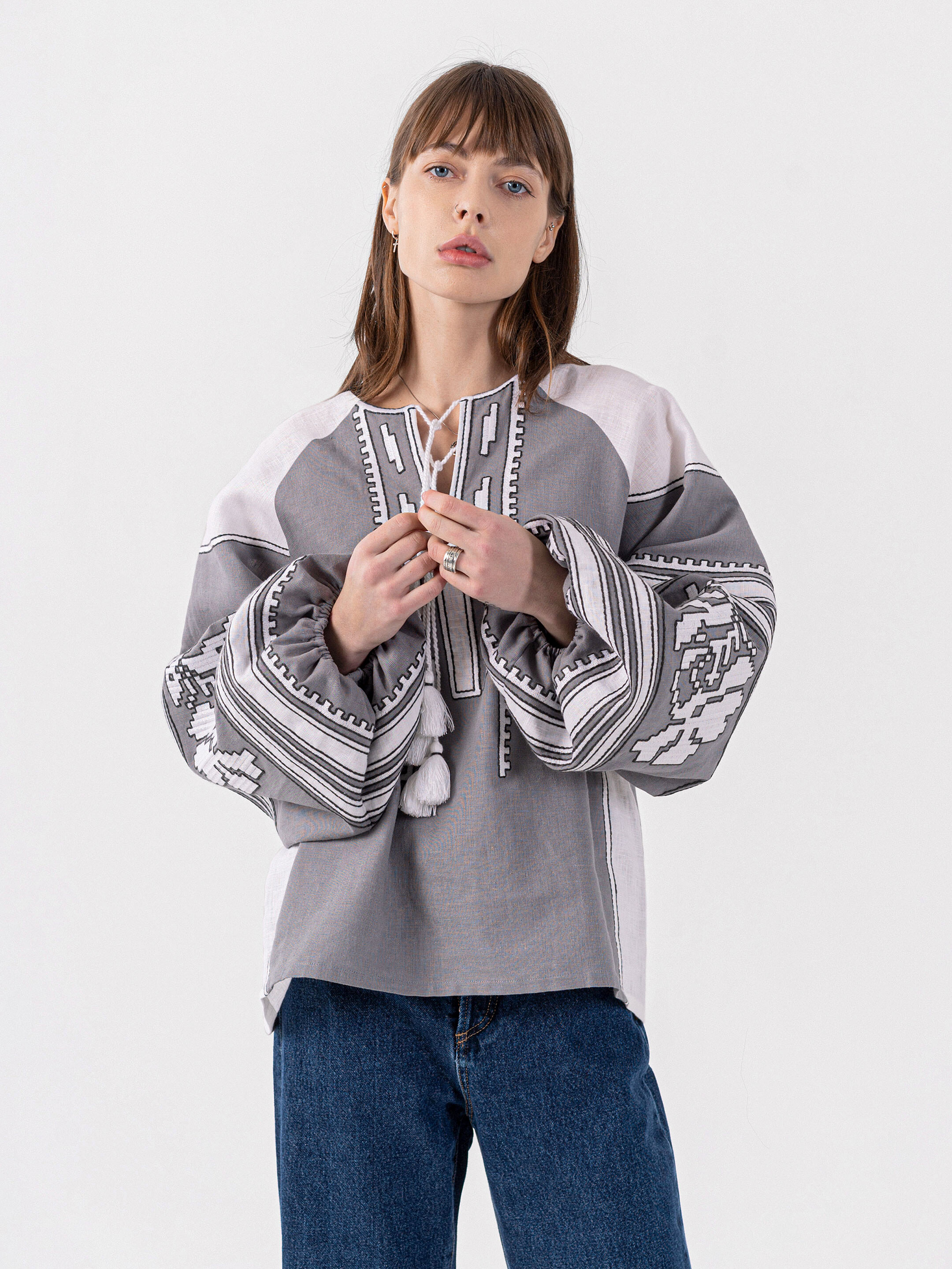 Dark gray embroidered shirt with white inserts Vintage gray Buy