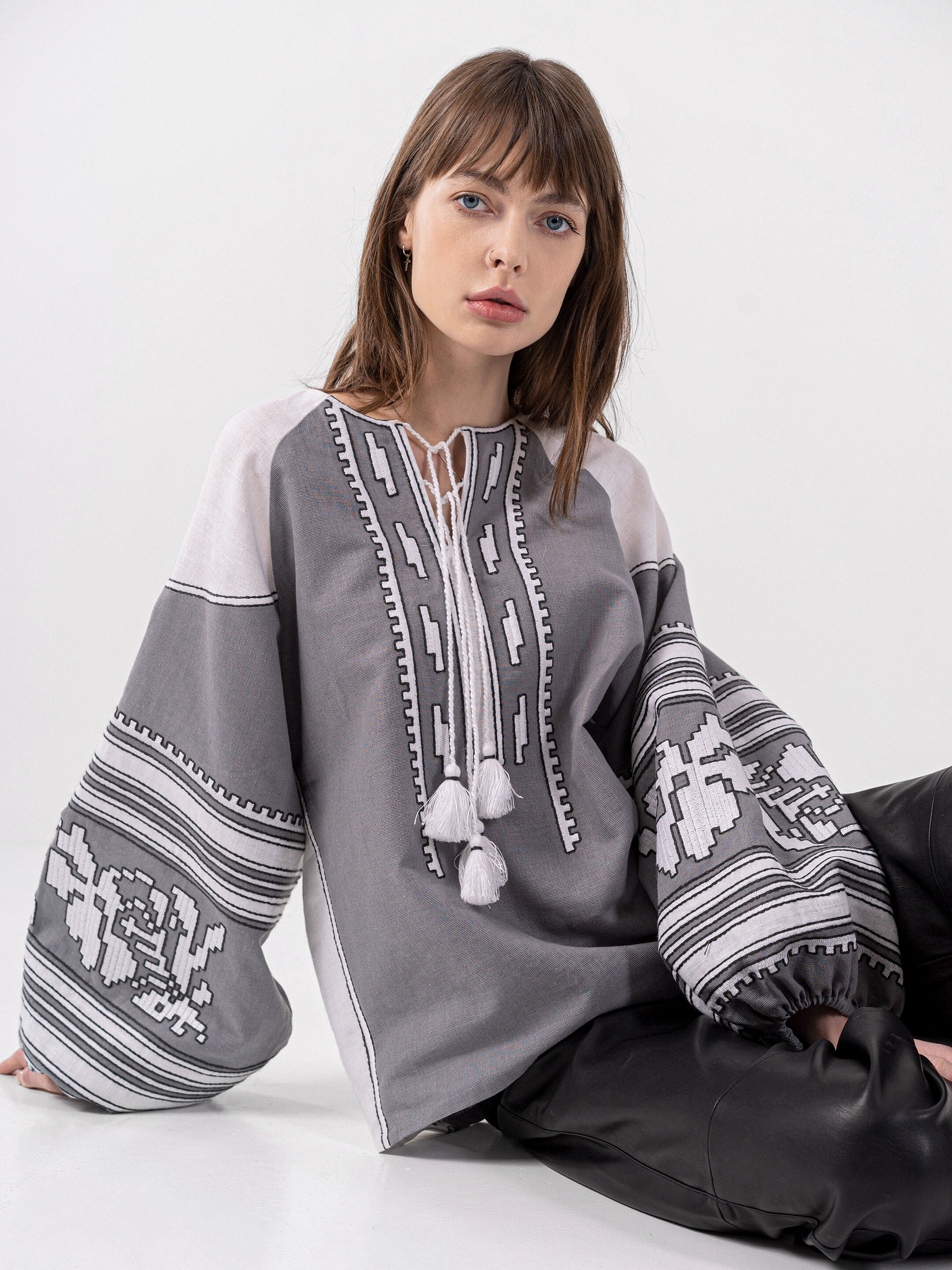 Dark gray embroidered shirt with white inserts Vintage gray photo