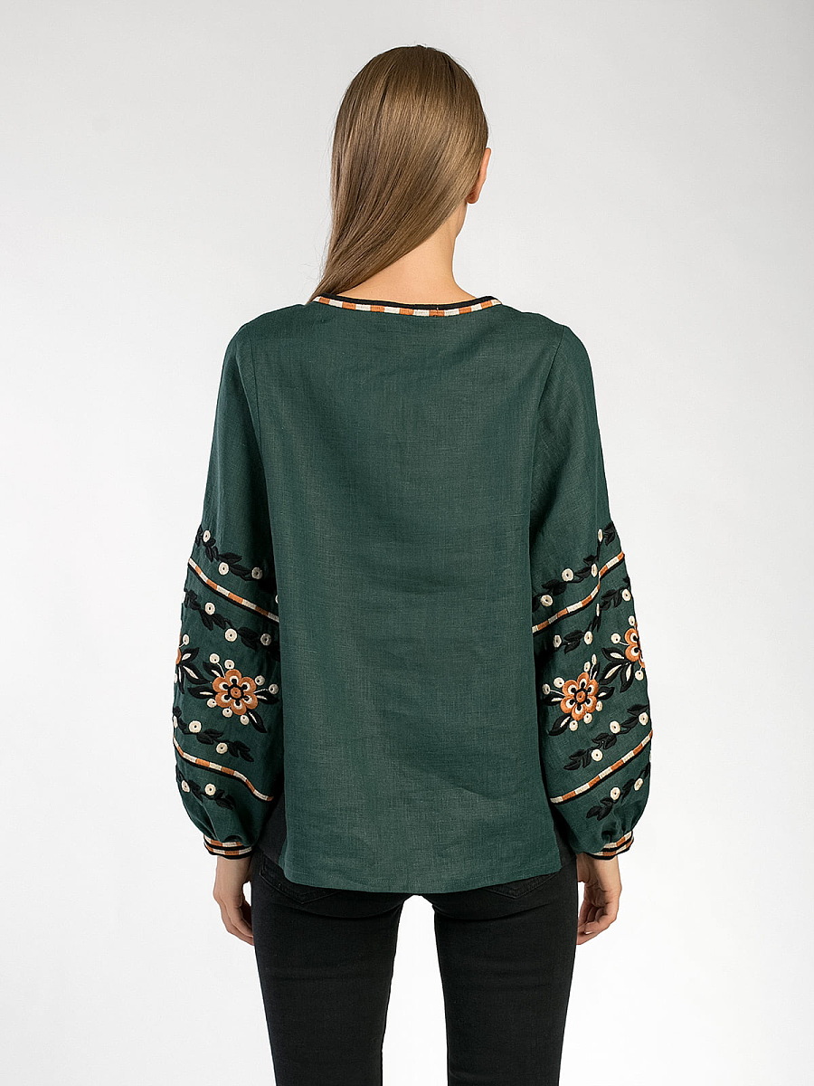 Embroidered shirt in dark-green linen Hvoya [0]
