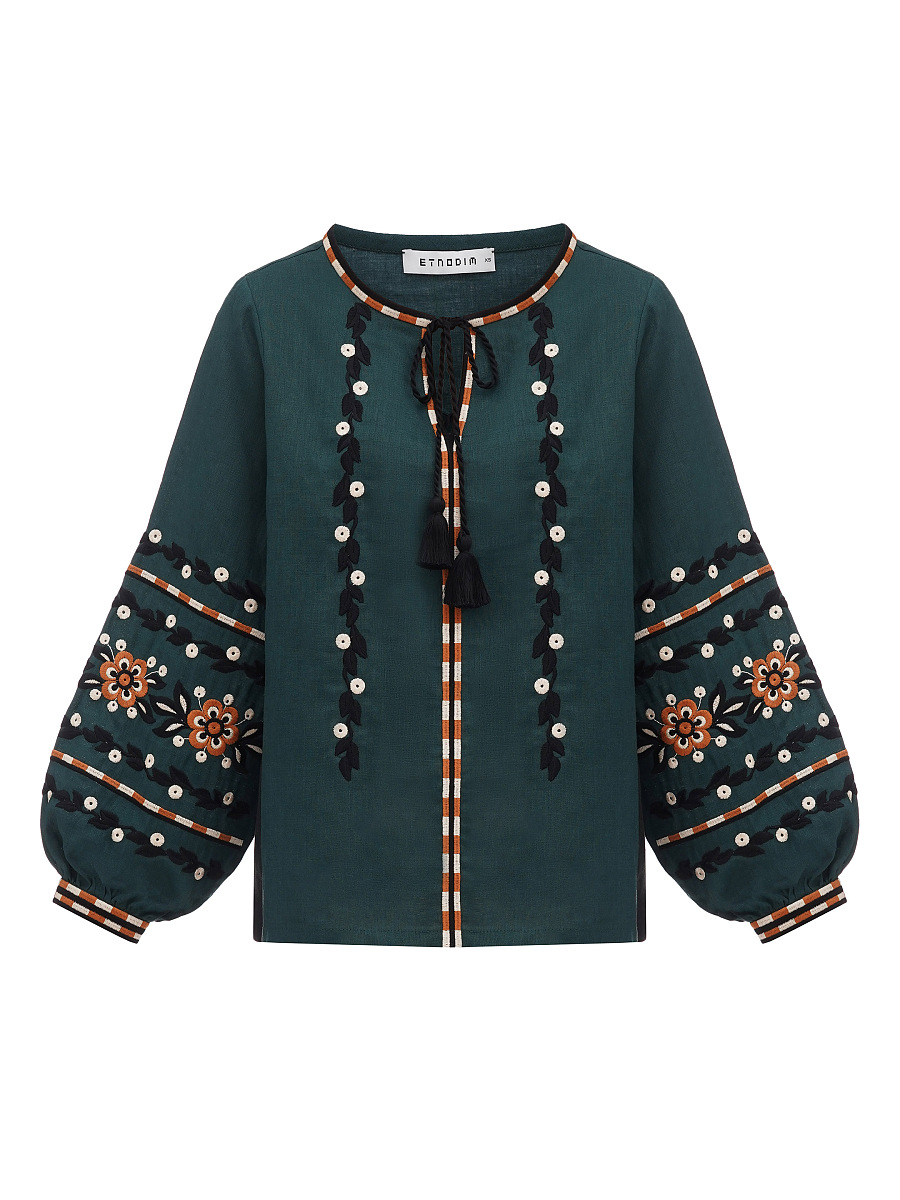 Embroidered shirt in dark-green linen Hvoya [0]