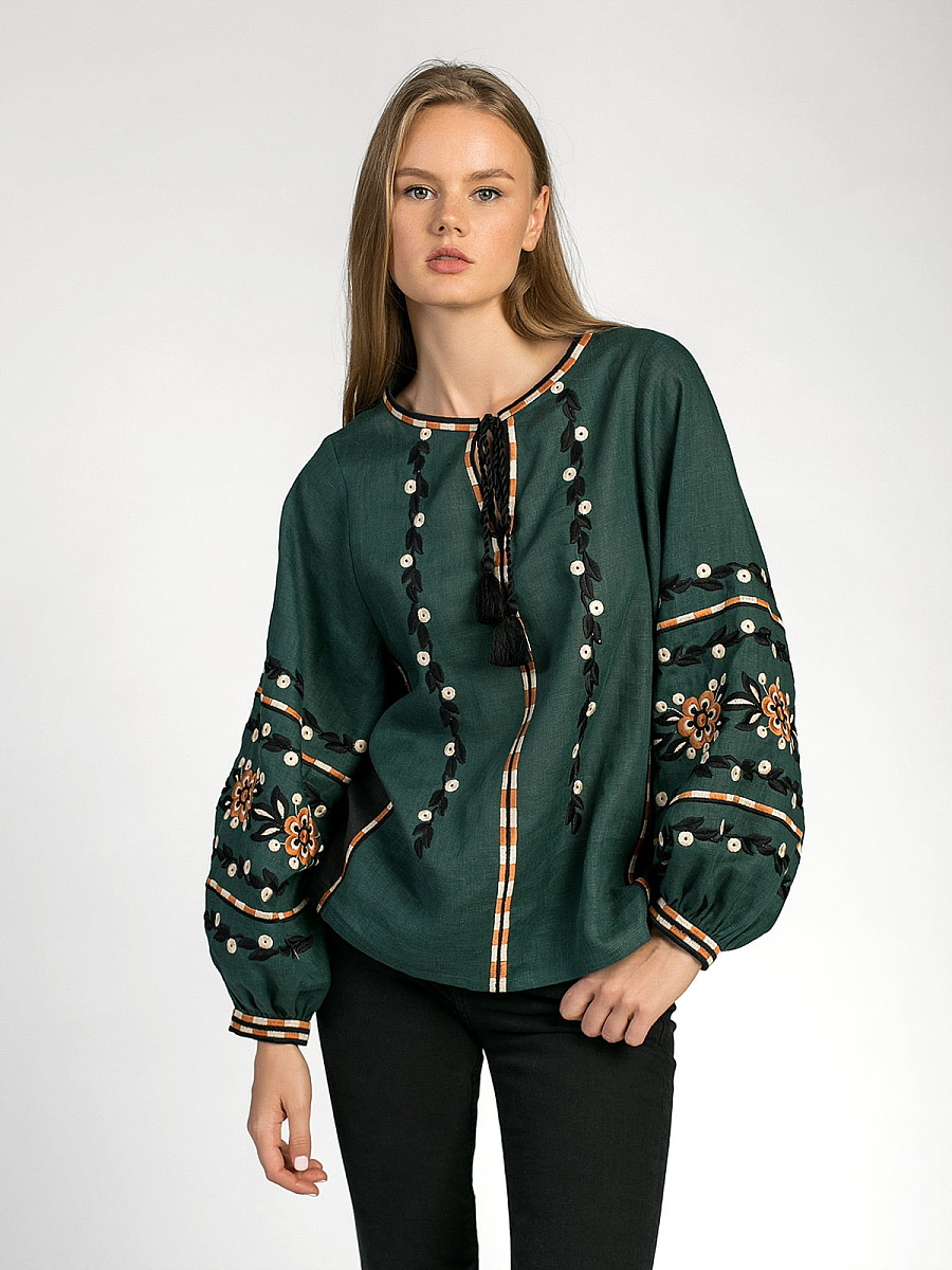 Embroidered shirt in dark-green linen Hvoya [0]