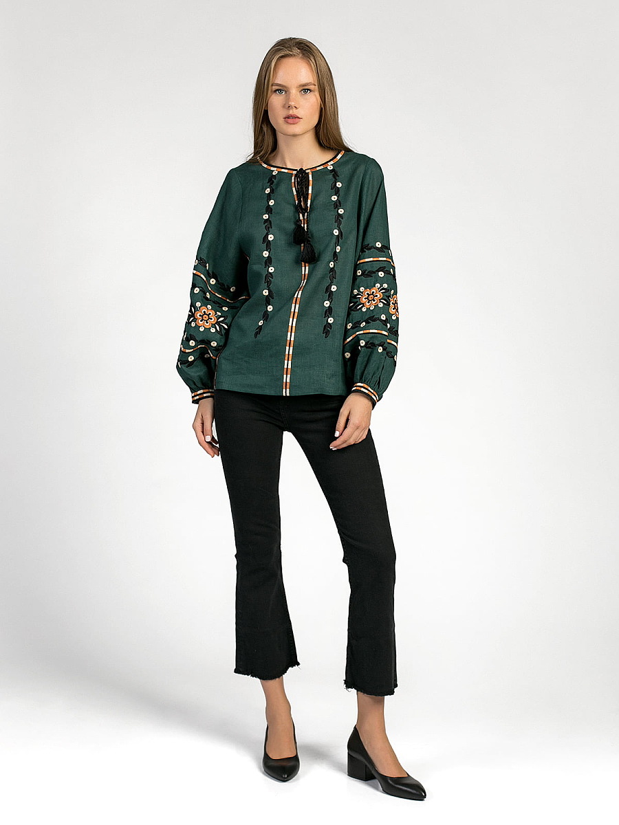 Embroidered shirt in dark-green linen Hvoya [0]