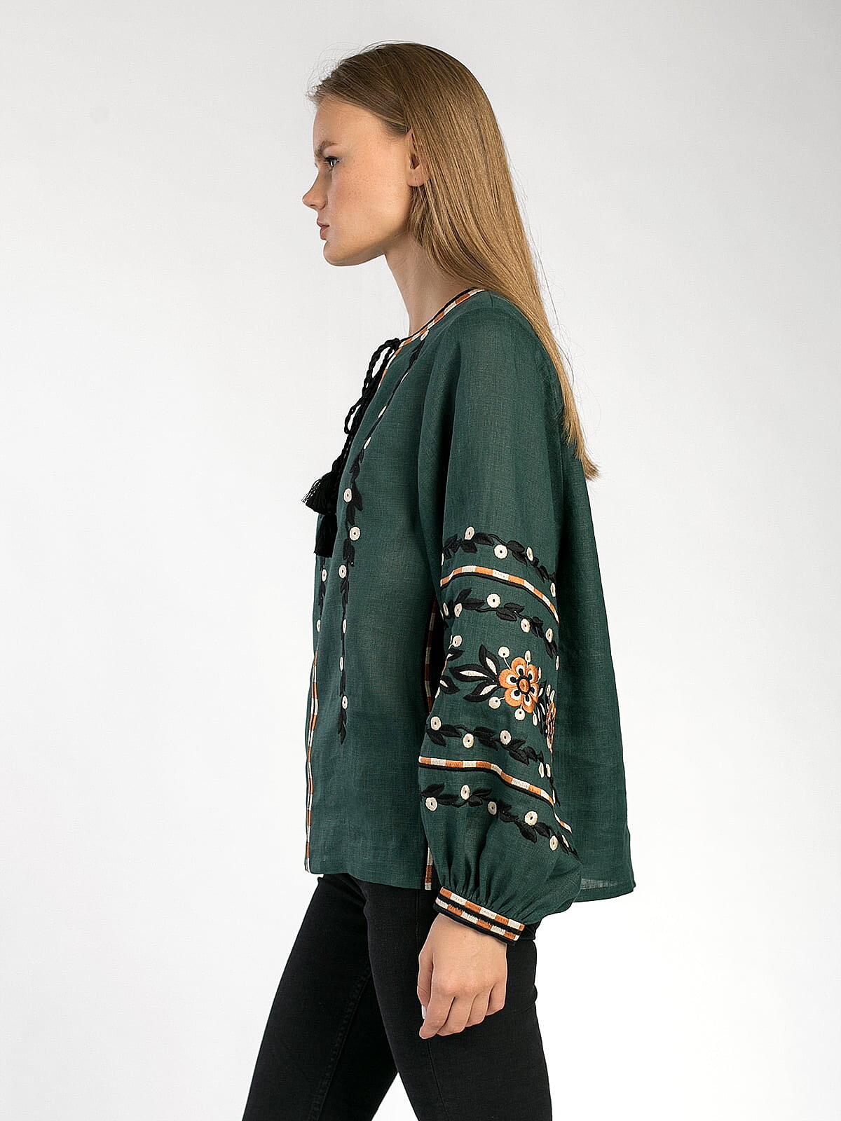 Embroidered shirt in dark-green linen Hvoya in Ukraine