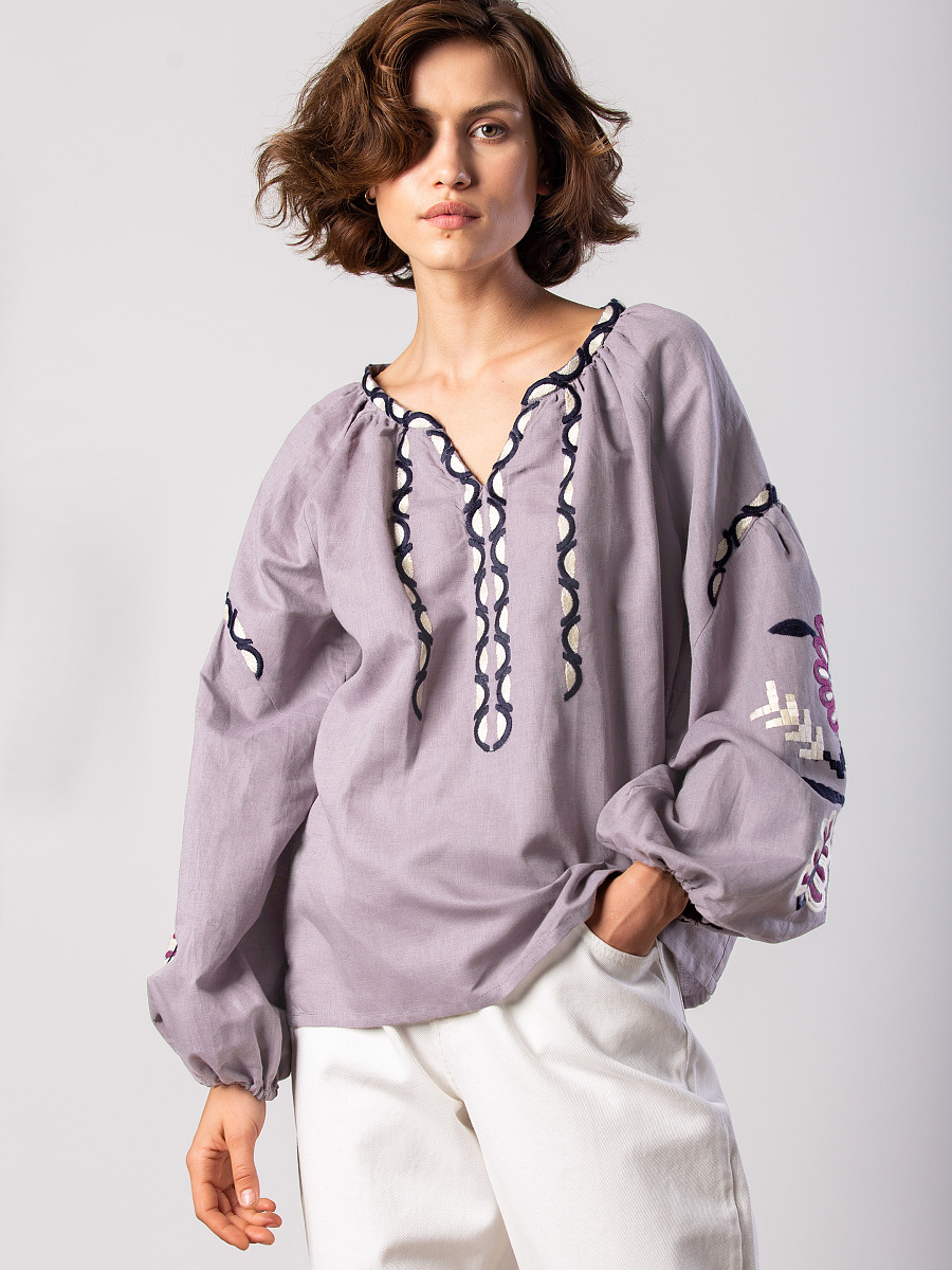 Embroidered shirt in linen with floral ornament Butterfly [0]