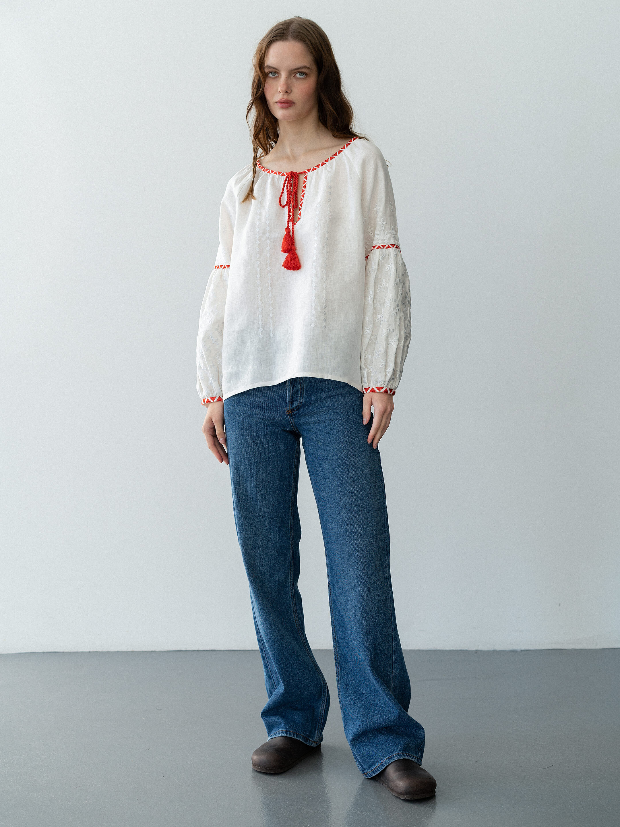 Linen blouse with red and white embroidery Elin photo