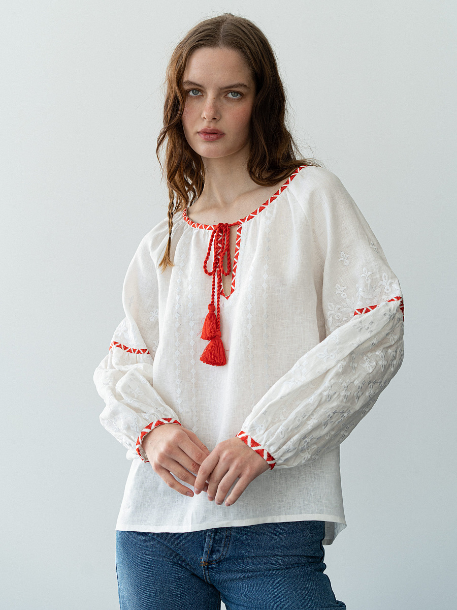 Linen blouse with red and white embroidery Elin [0]