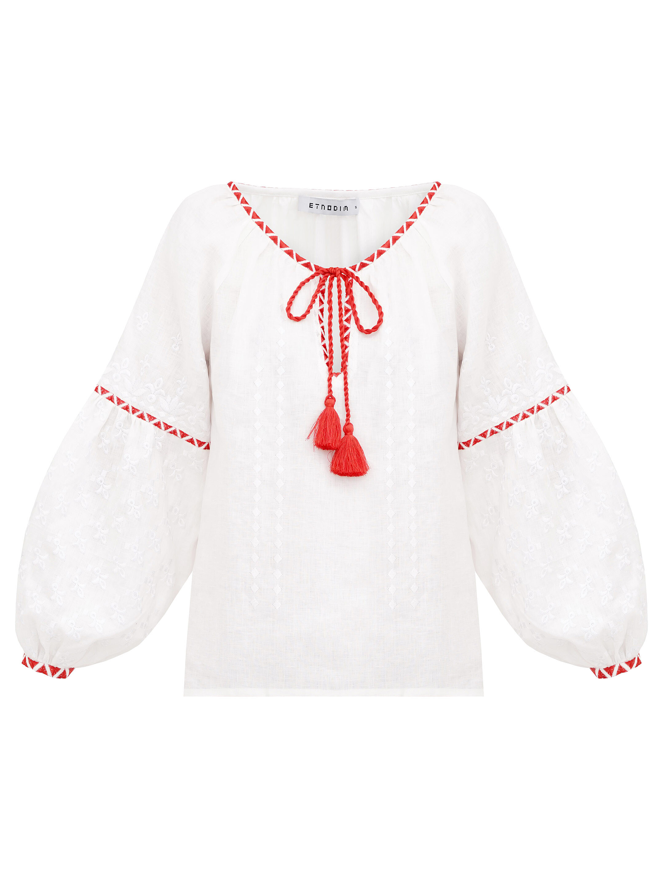 Linen blouse with red and white embroidery Elin fitting