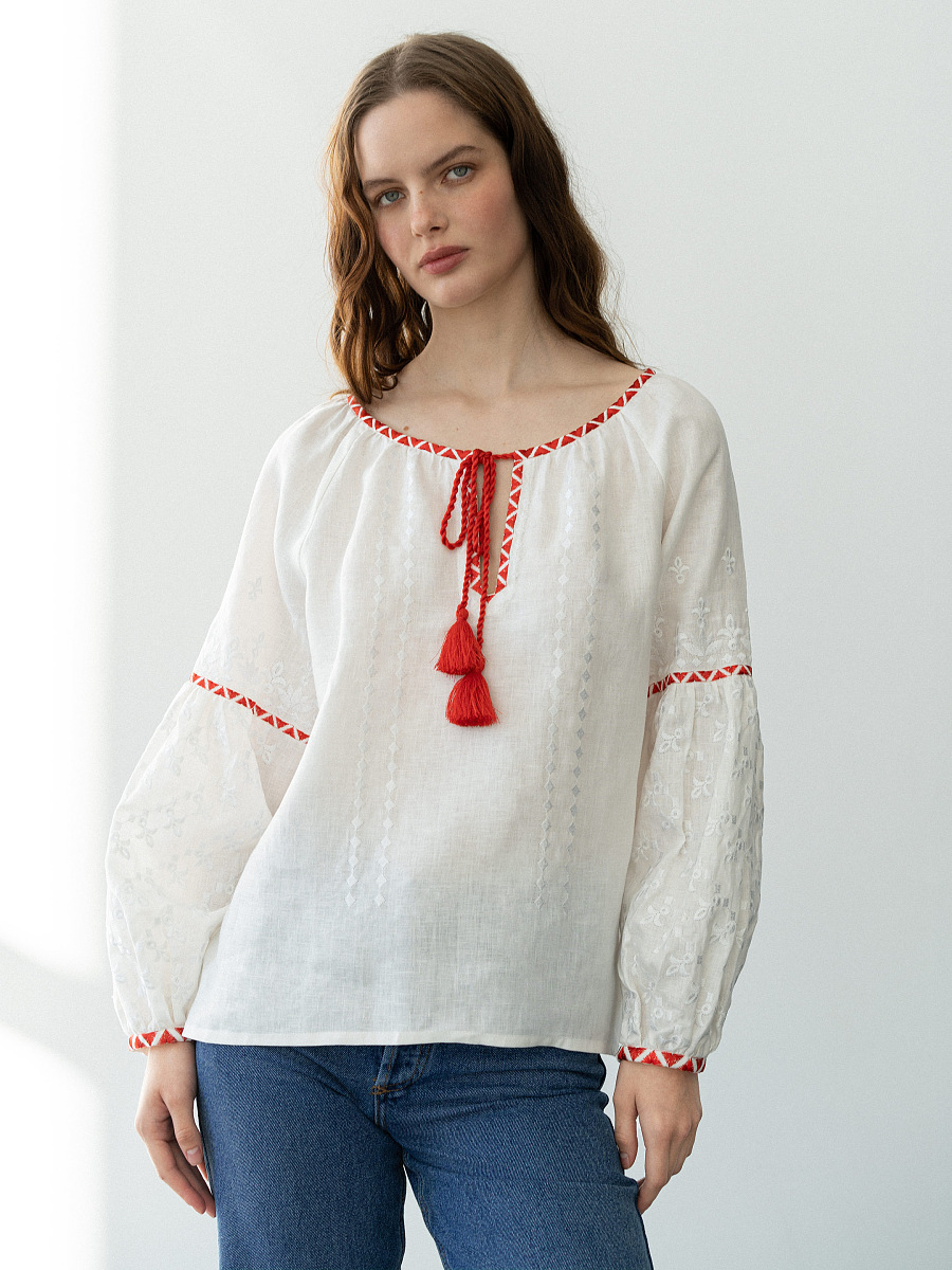 Linen blouse with red and white embroidery Elin [0]