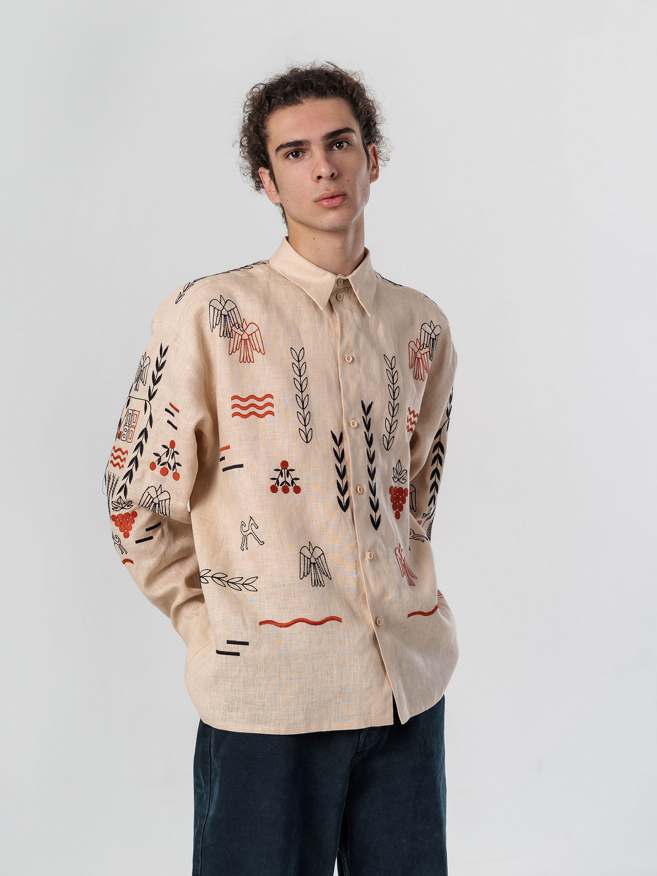 Beige linen embroidered shirt  MEN'S SLOVO - photo 1