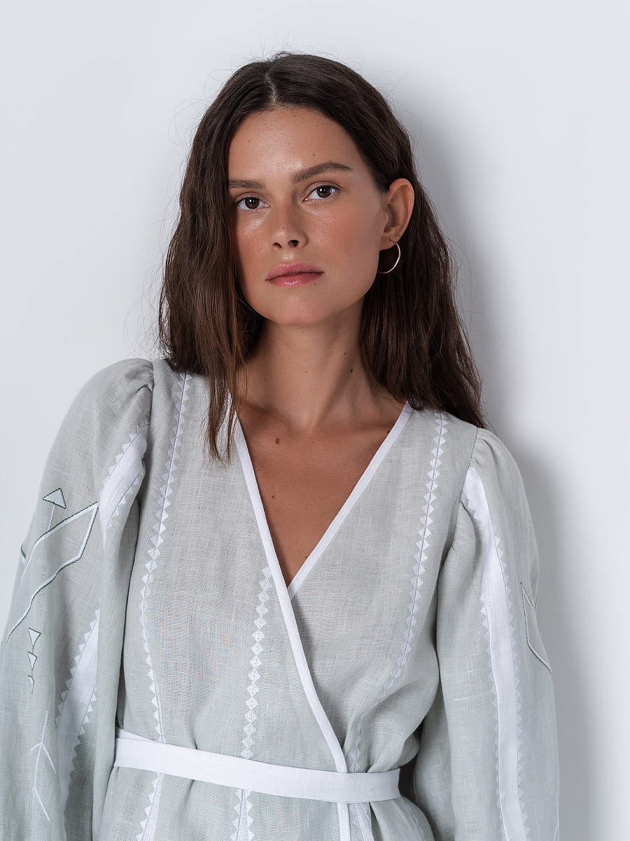 Linen dress with geometric ornament Geometria Mint [0]