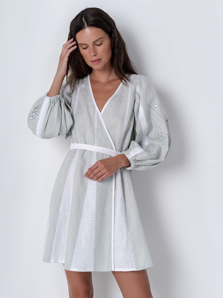 Linen dress with geometric ornament Geometria Mint [0]