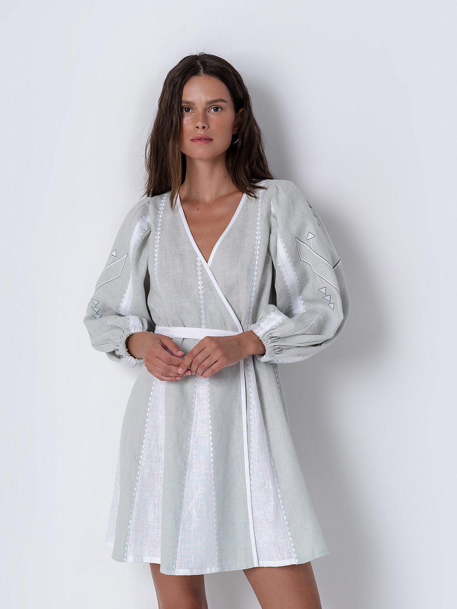 Linen dress with geometric ornament Geometria Mint [0]