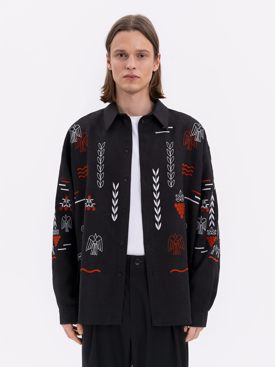 Black linen embroidered shirt MEN'S SLOVO BLACK [0]