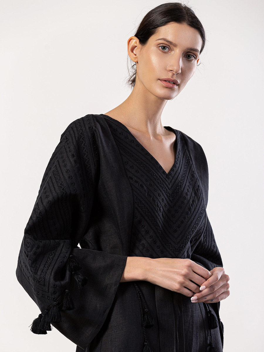 Linen black dress with embroidery in tone Raven [0]