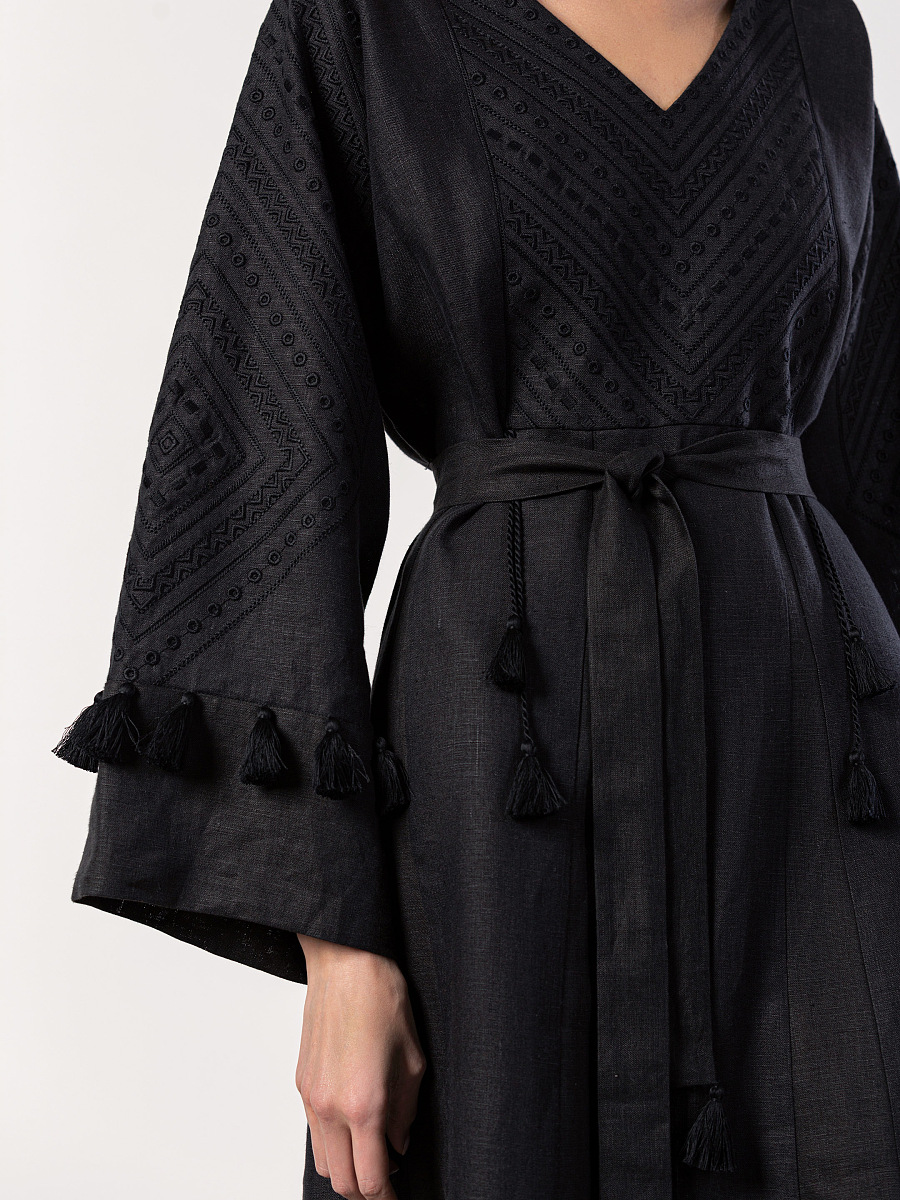 Linen black dress with embroidery in tone Raven [0]