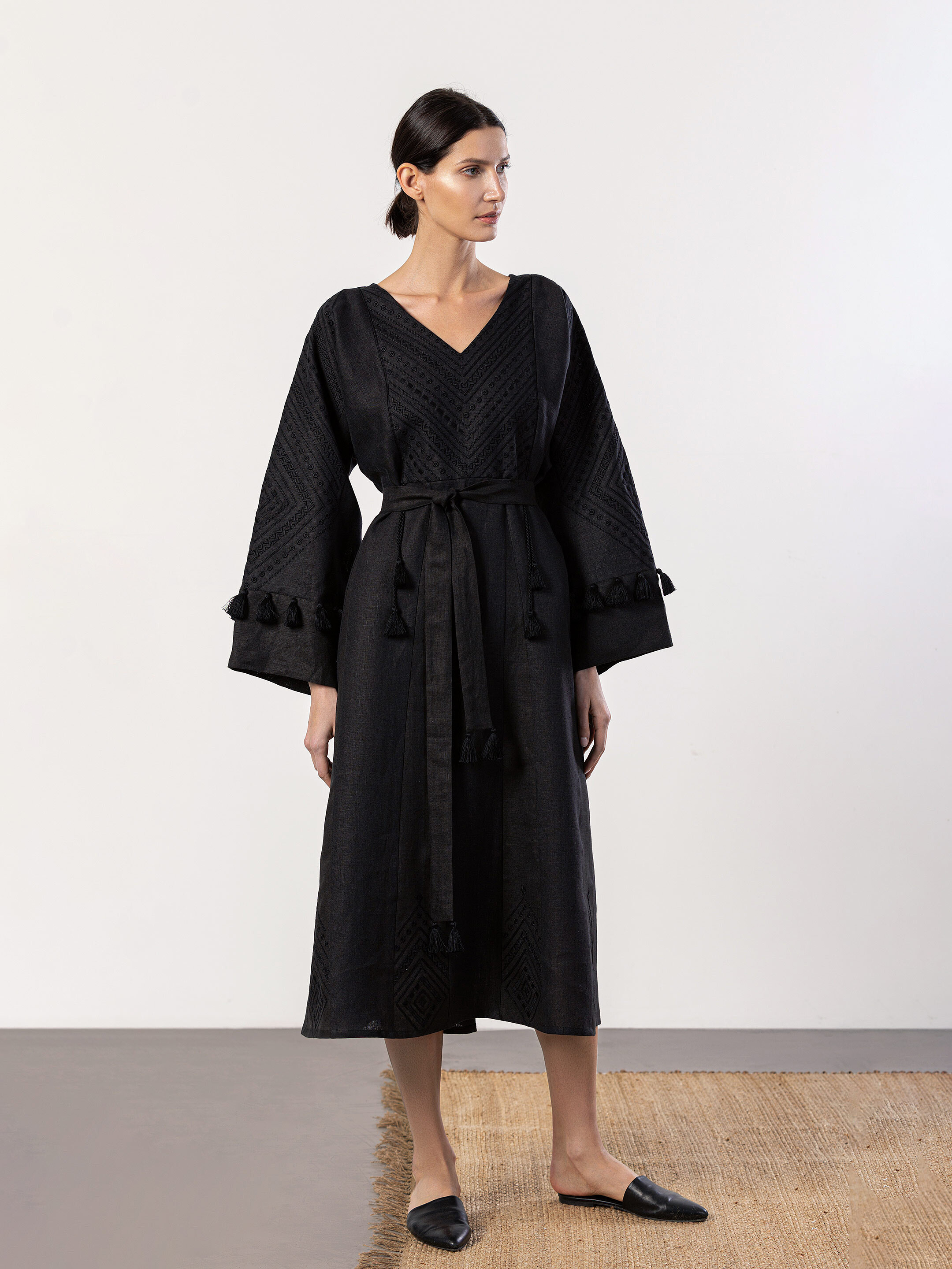Linen black dress with embroidery in tone Raven Buy