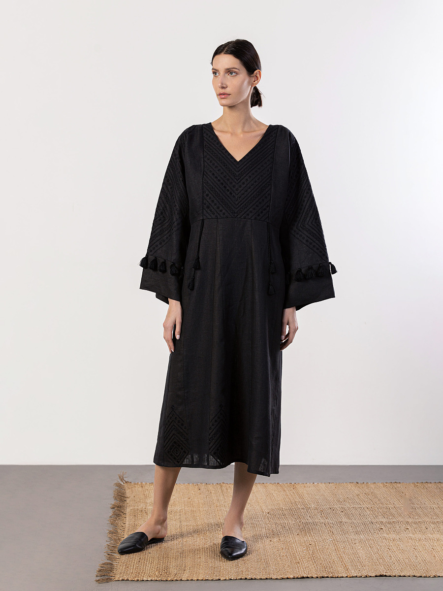 Linen black dress with embroidery in tone Raven [0]