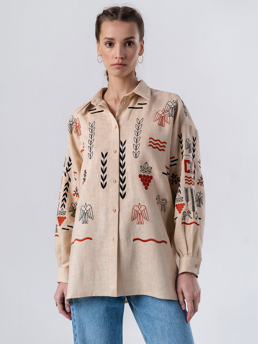 Beige linen embroidered shirt SLOVO [0]
