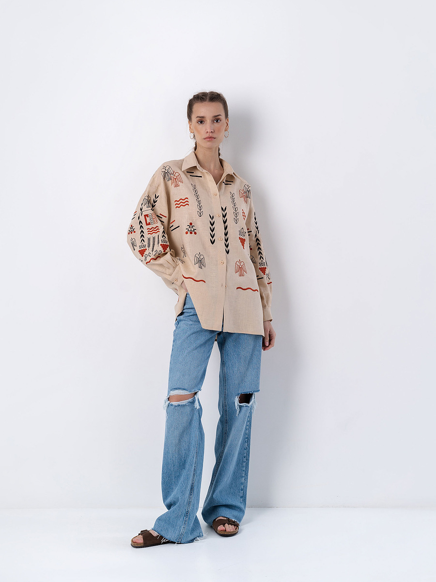 Beige linen embroidered shirt SLOVO [0]