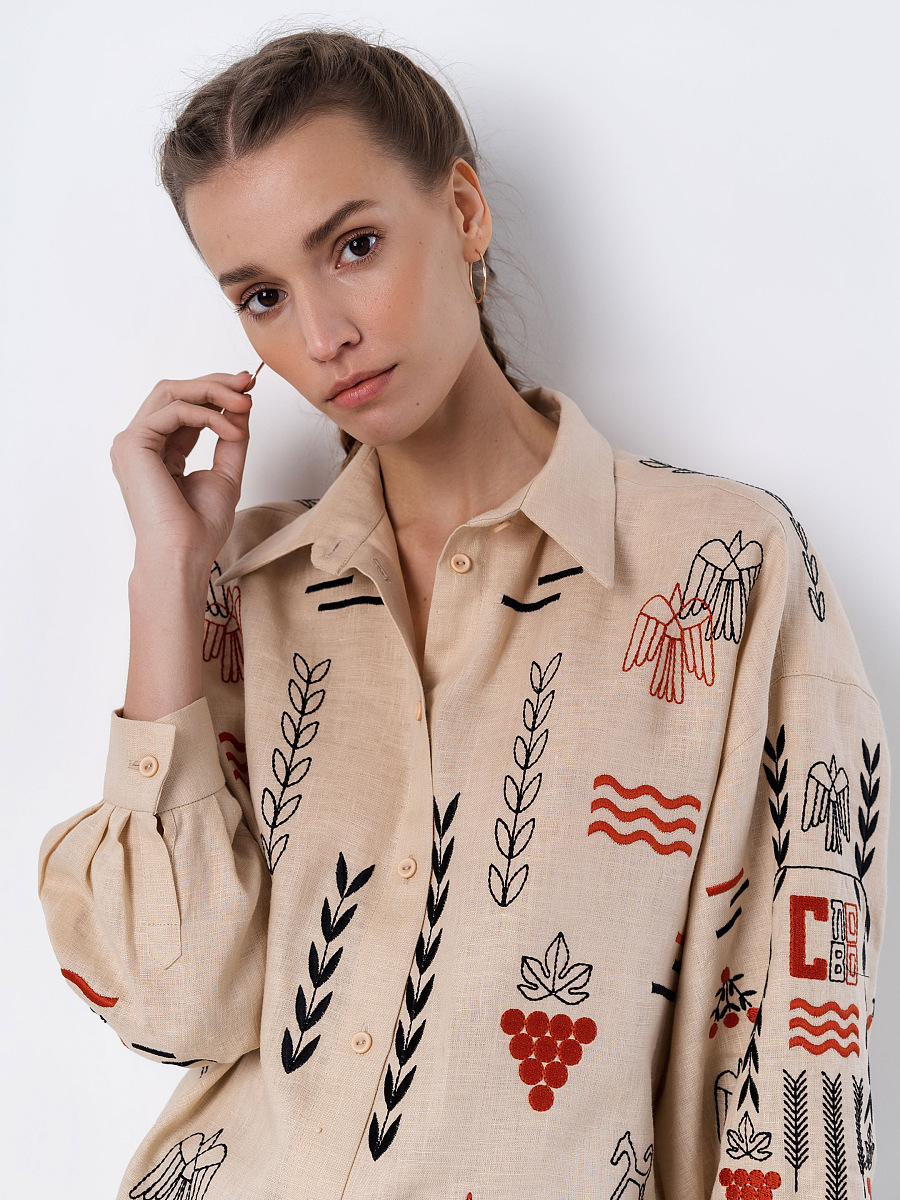 Beige linen embroidered shirt SLOVO [0]