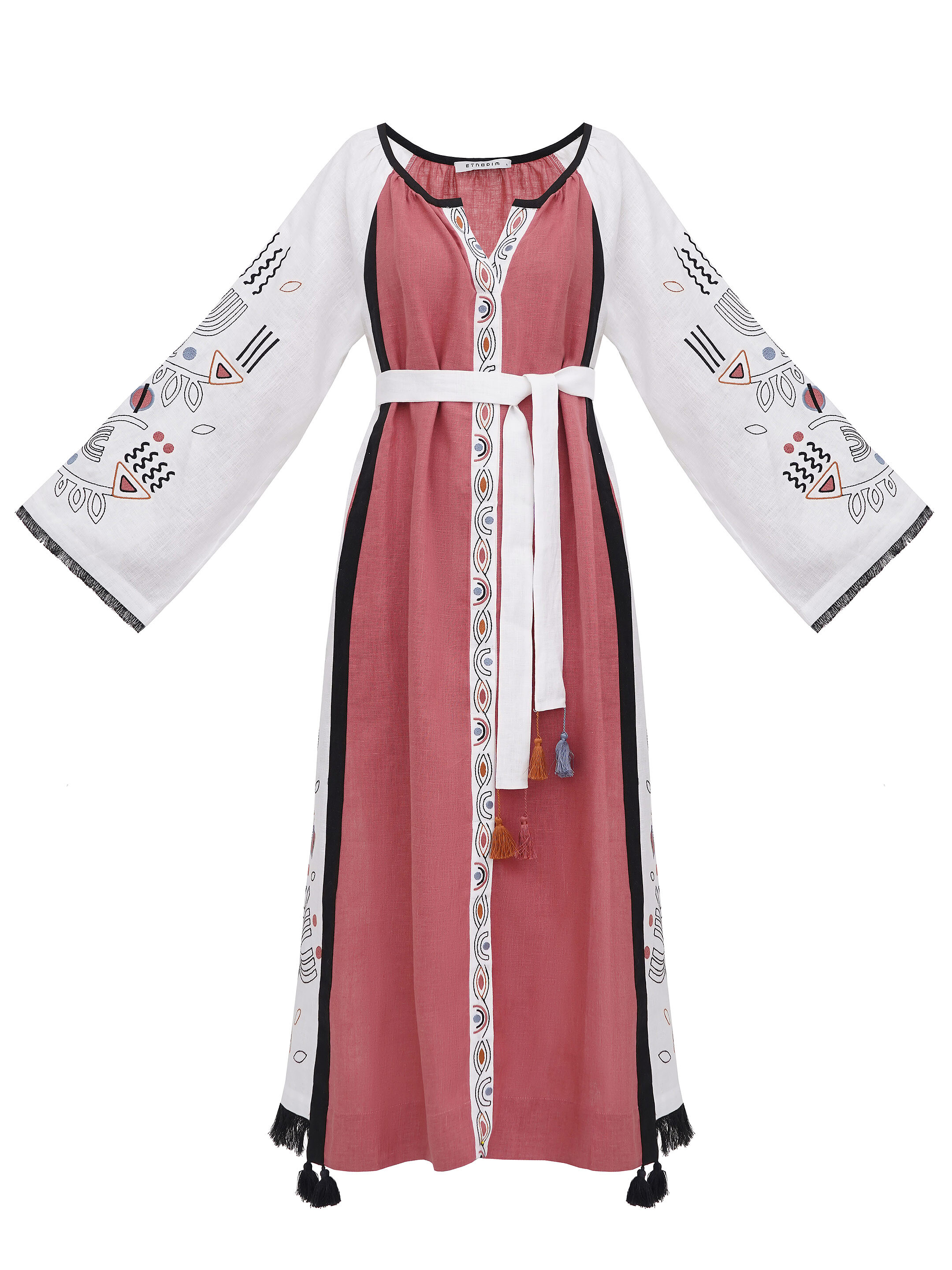 Long linen embroidered dress Cometa Red fitting