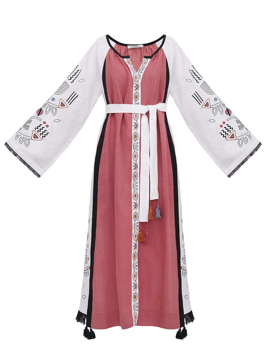 Long linen embroidered dress Cometa Red [0]