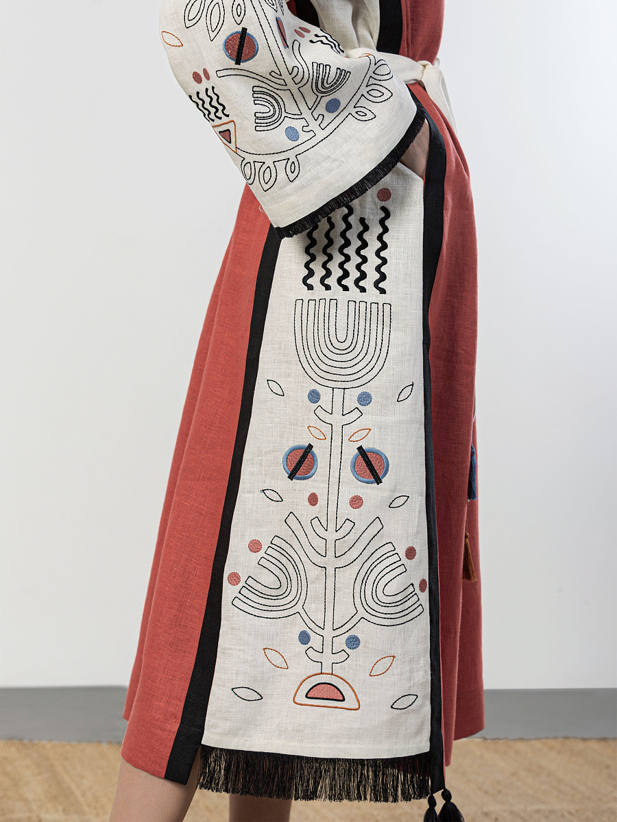 Long linen embroidered dress Cometa Red [0]