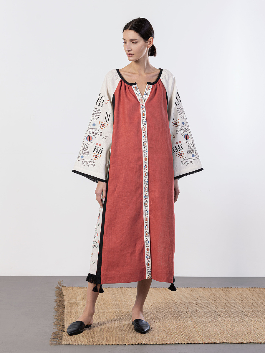 Long linen embroidered dress Cometa Red [0]