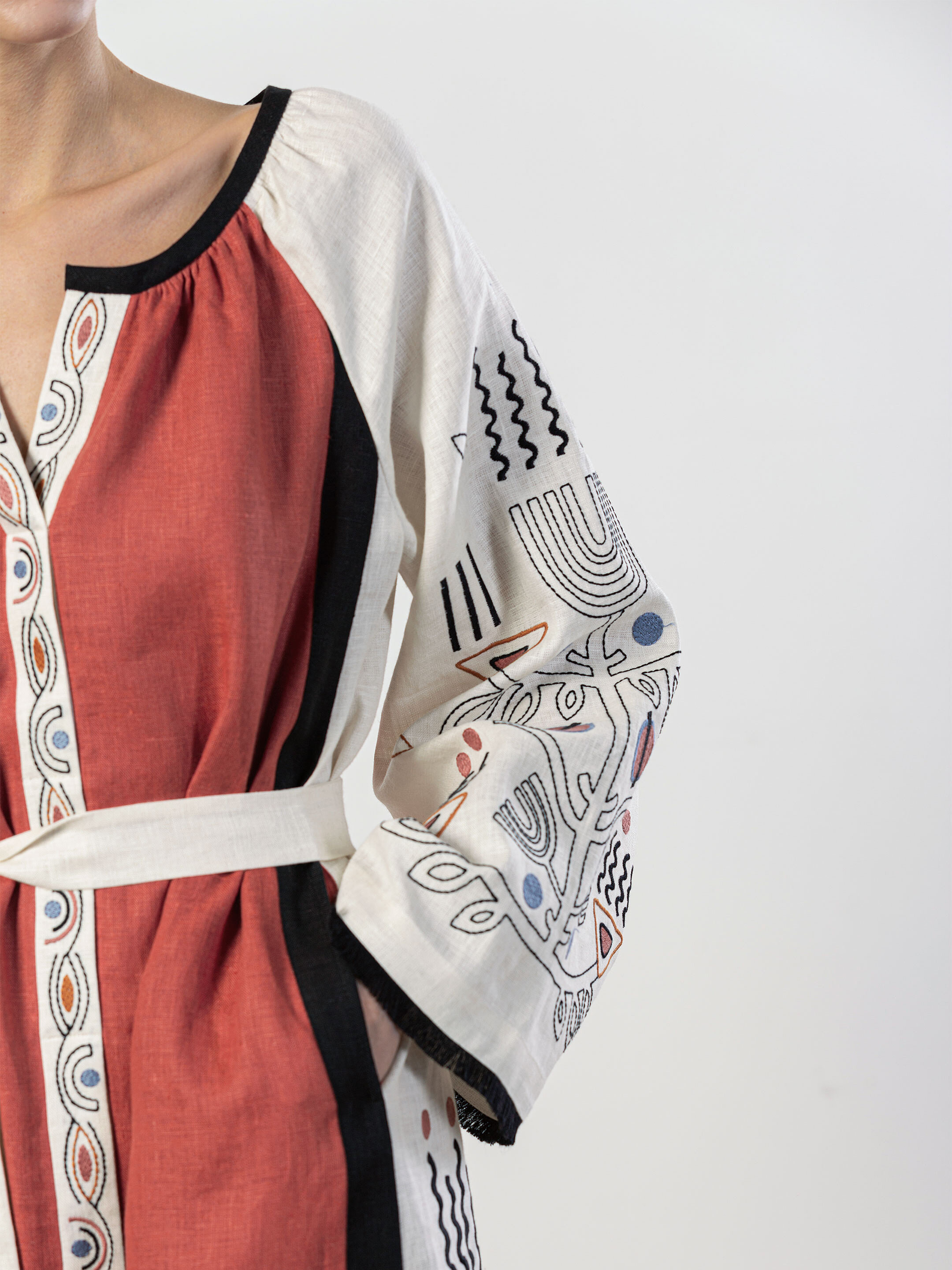 Long linen embroidered dress Cometa Red ціна