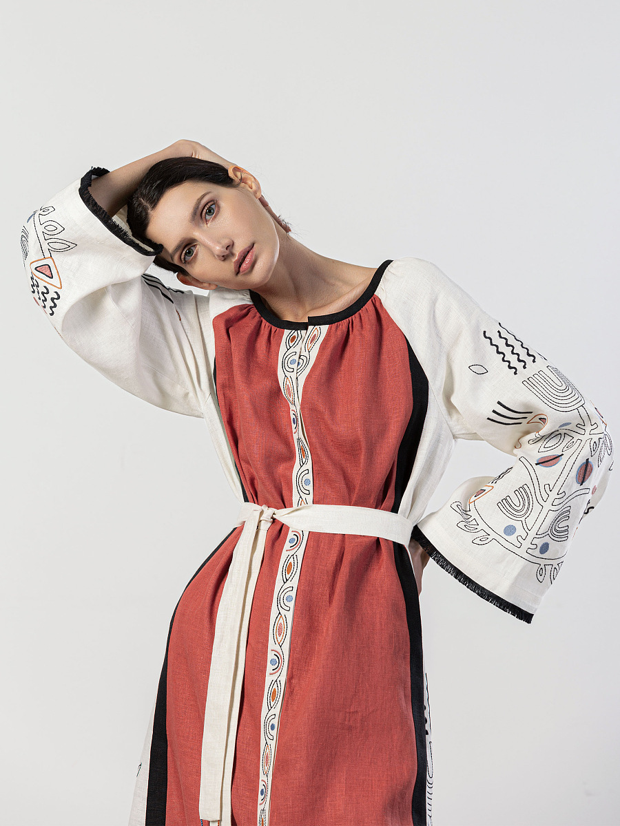 Long linen embroidered dress Cometa Red [0]