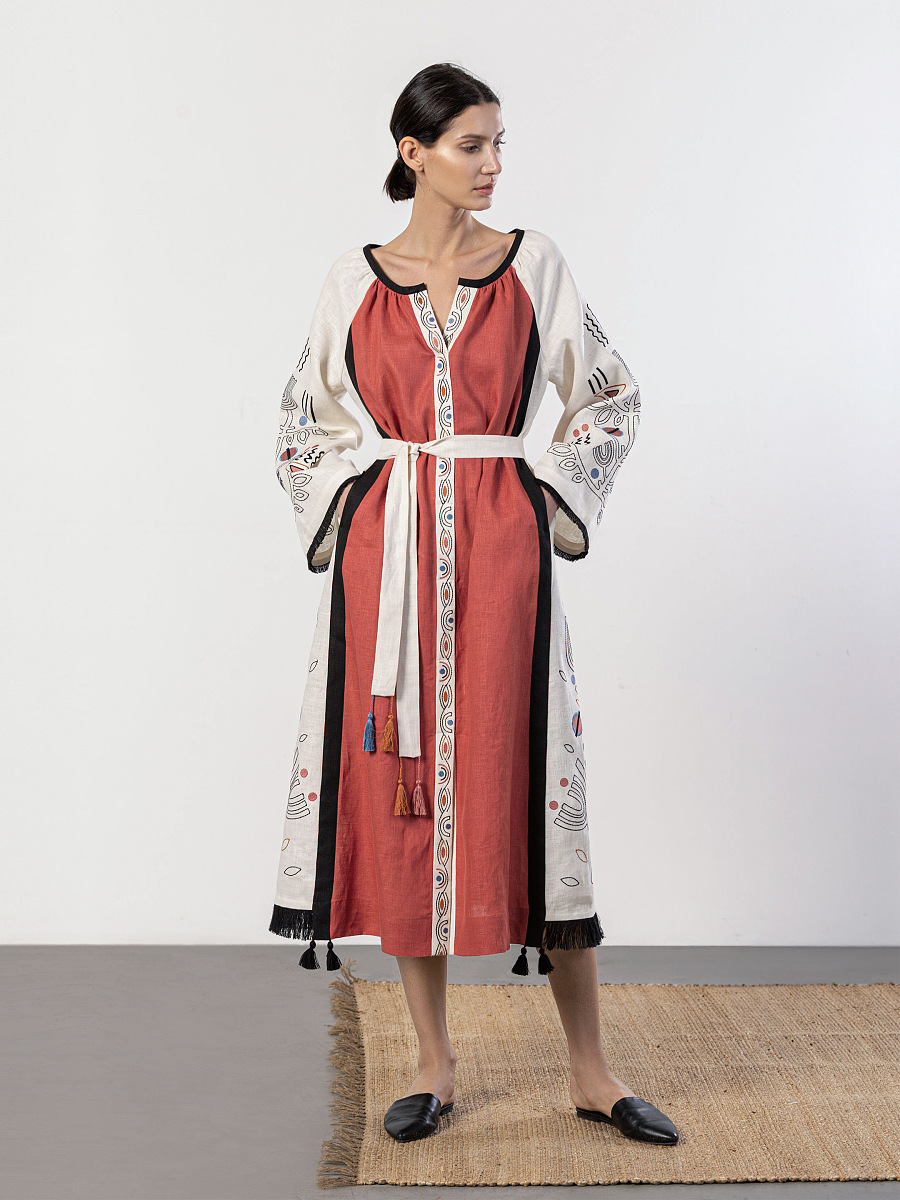 Long linen embroidered dress Cometa Red [0]