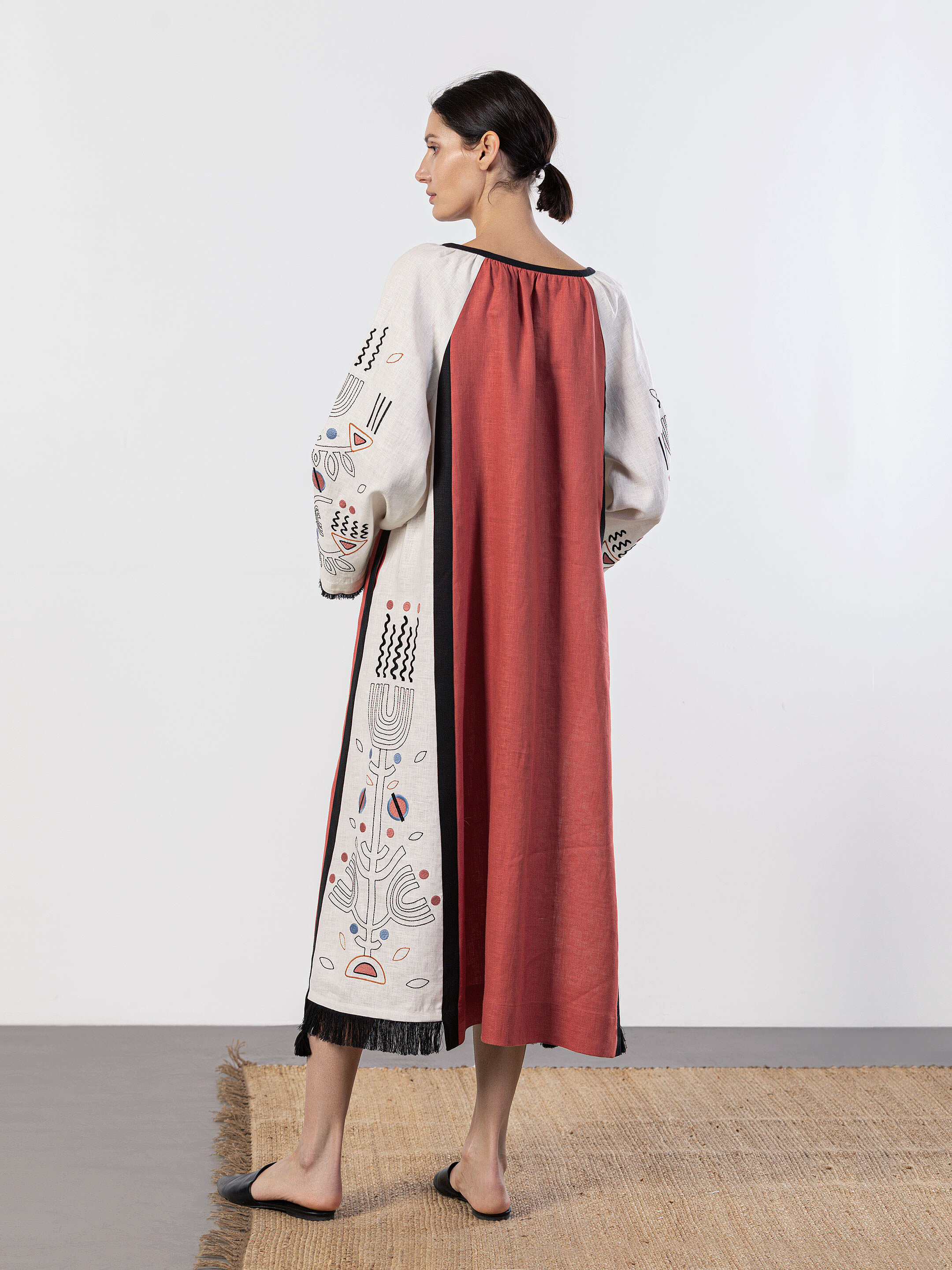 Long linen embroidered dress Cometa Red in Ukraine