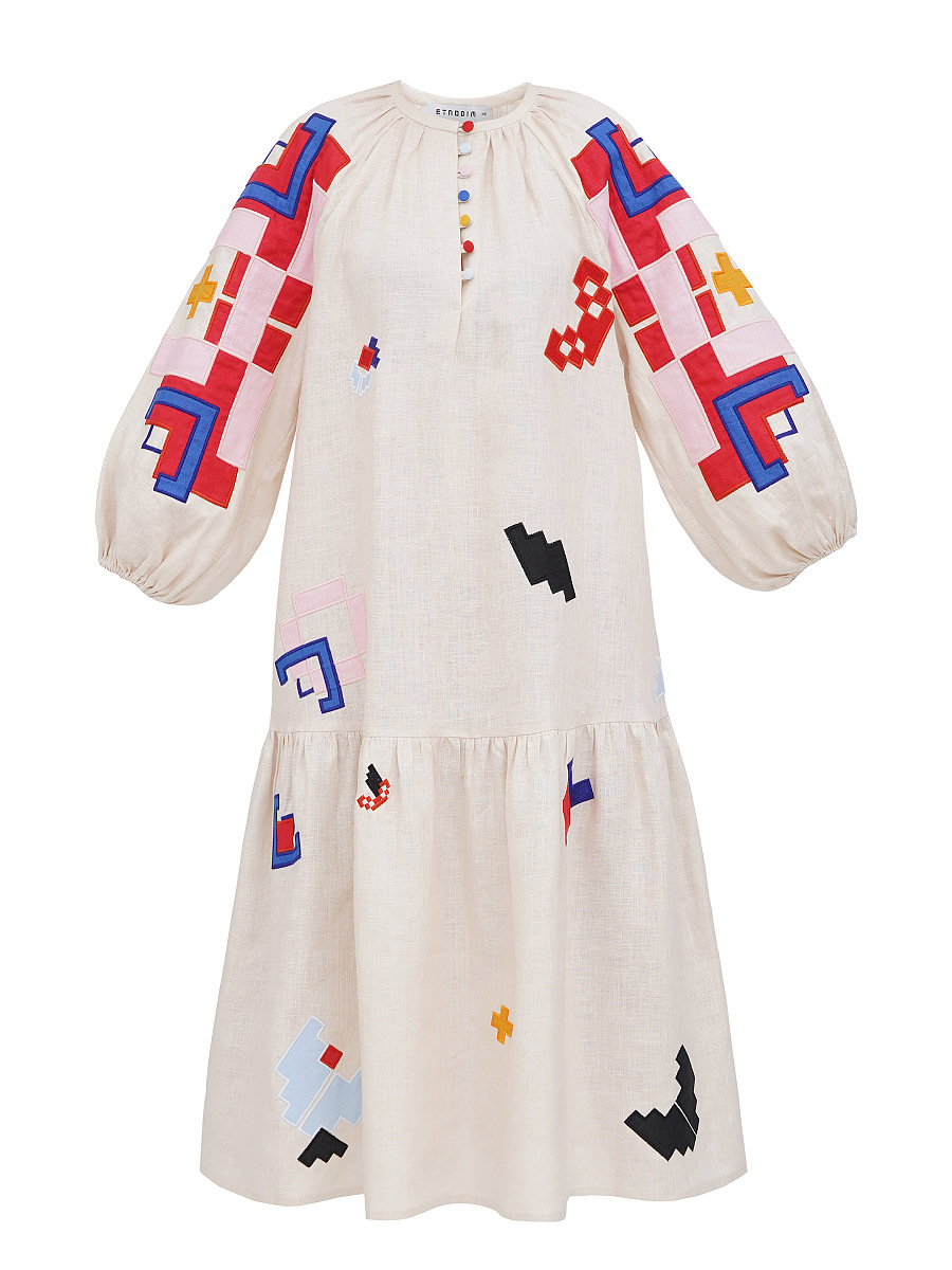 White linen dress with floral embroidery Sobachko buy in Kyiv, price —  Etnodim