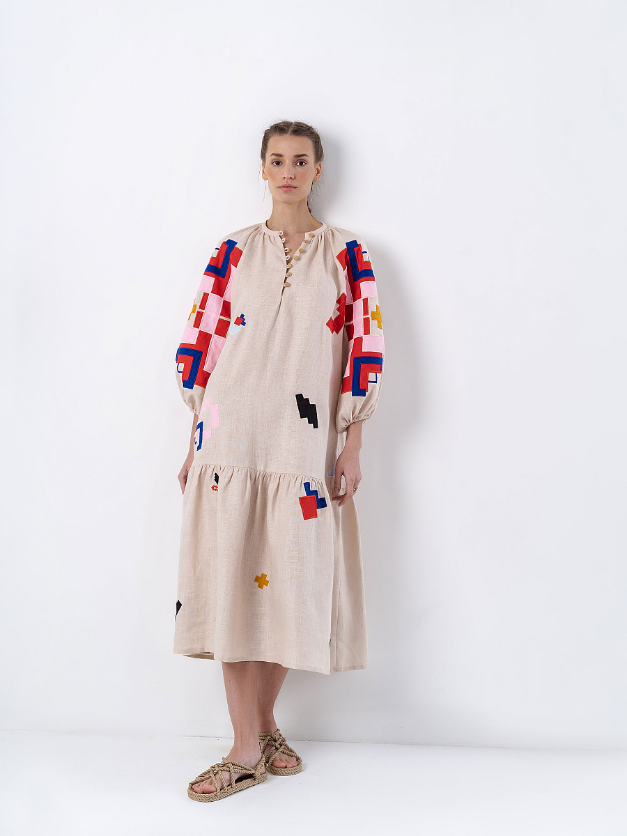 White linen dress with floral embroidery Sobachko buy in Kyiv