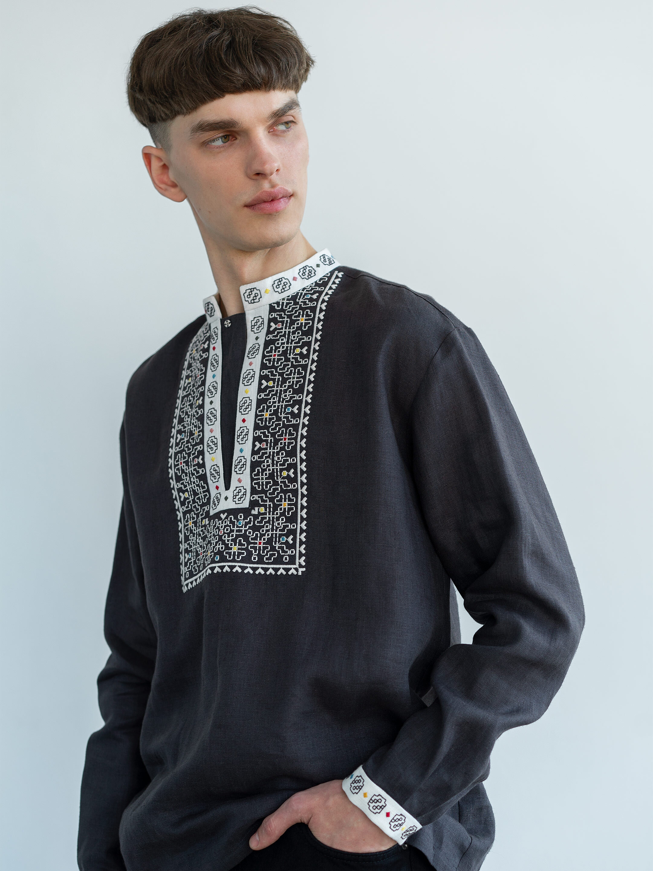 Linen shirt with embroidery in graphite color Hutsul Buy