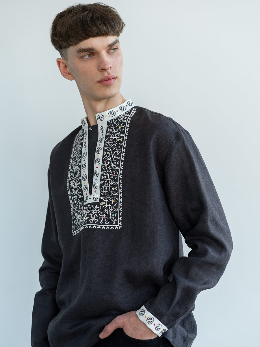 Linen shirt with embroidery in graphite color Hutsul [0]