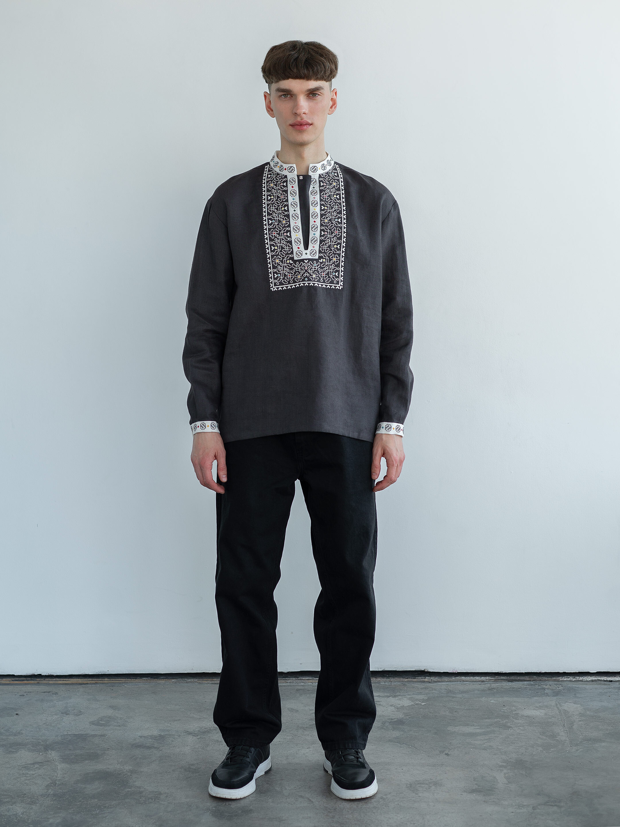 Linen shirt with embroidery in graphite color Hutsul cheap