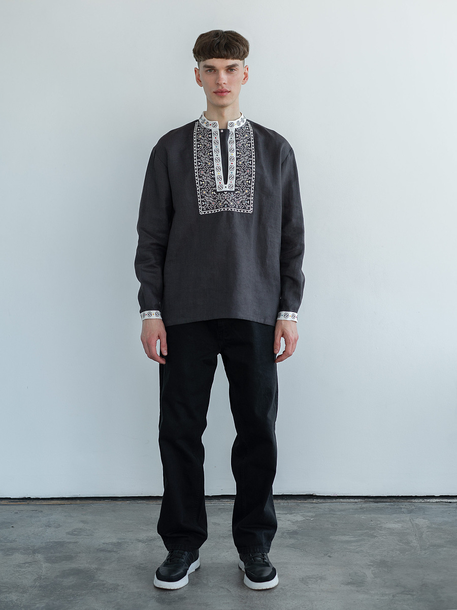 Linen shirt with embroidery in graphite color Hutsul [0]
