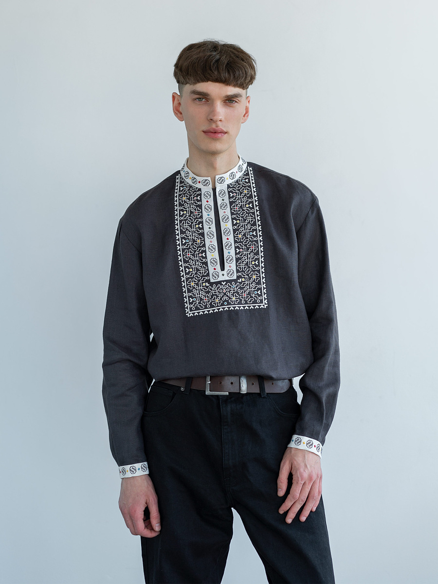 Linen shirt with embroidery in graphite color Hutsul [0]