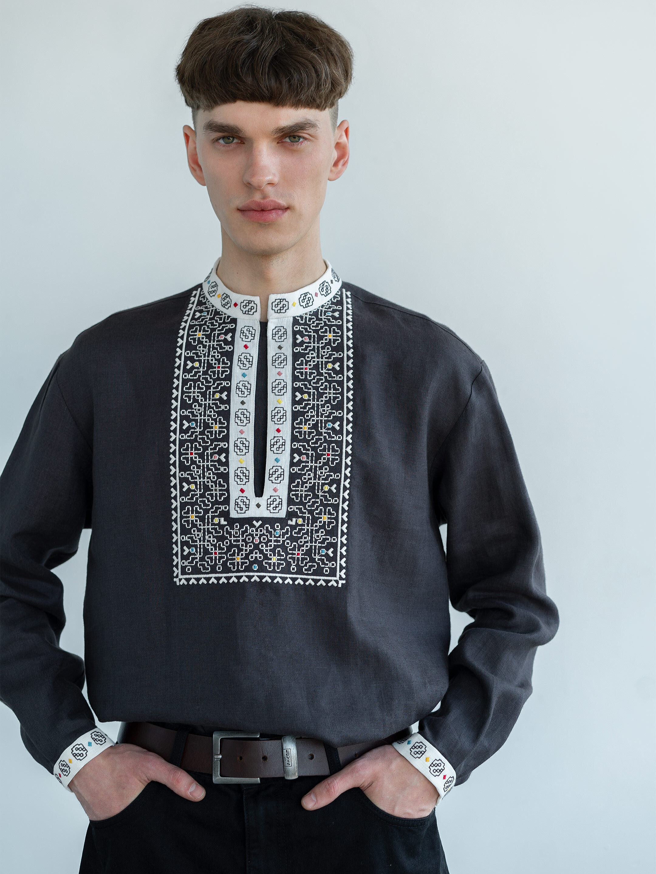 Linen shirt with embroidery in graphite color Hutsul choose
