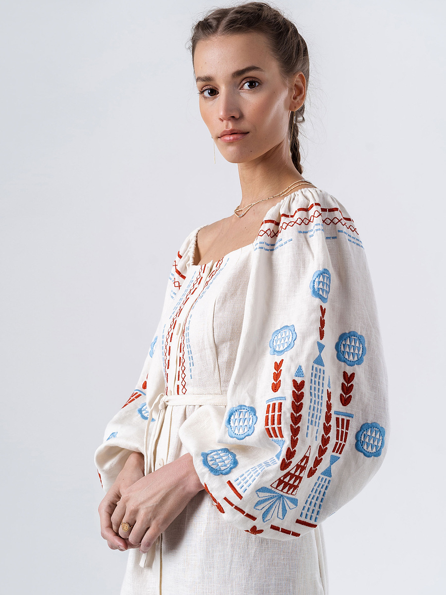 Linen embroidered dress with milk color Mosaic [0]