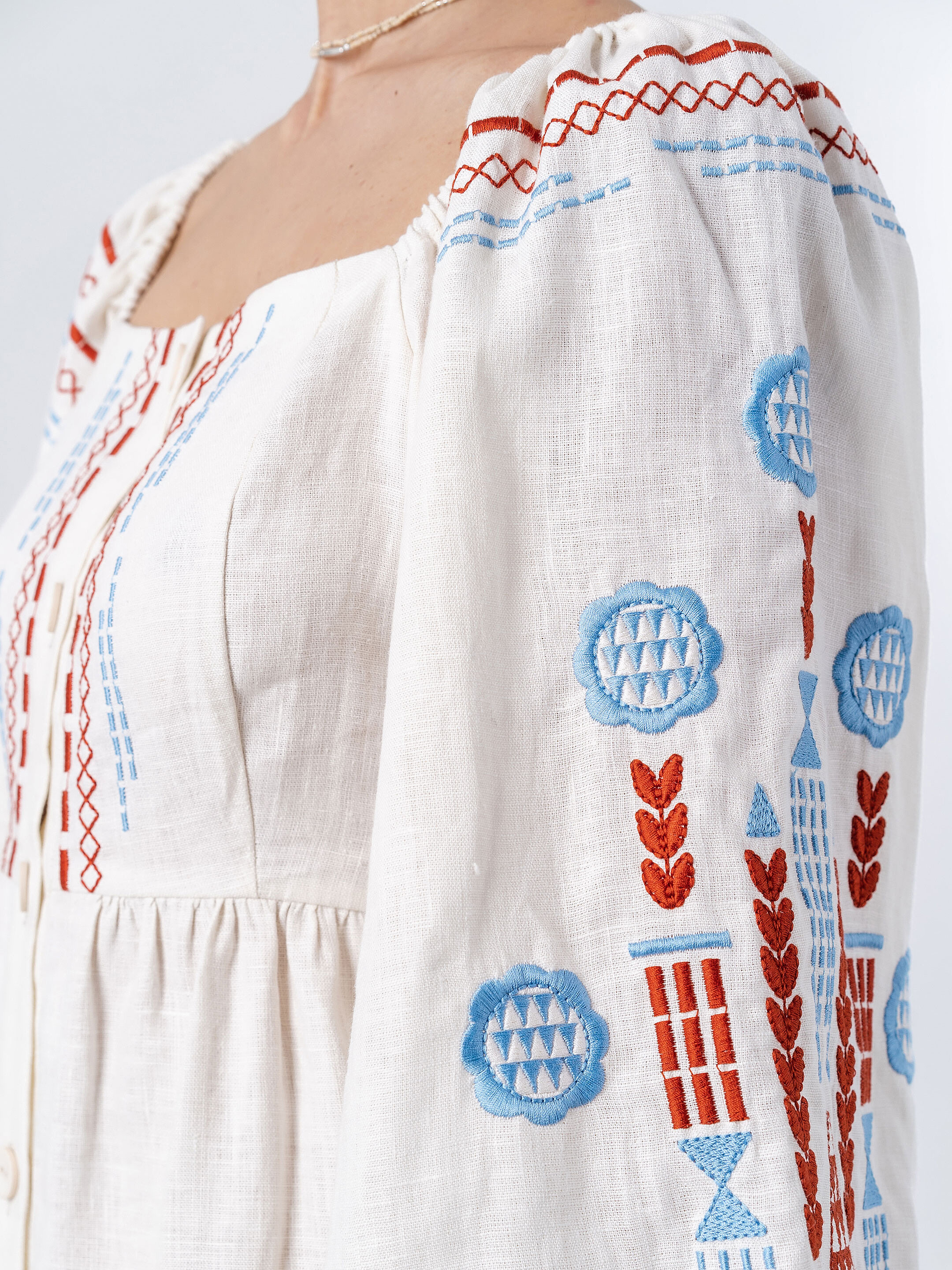 Linen embroidered dress with milk color MOZAIKA sizes