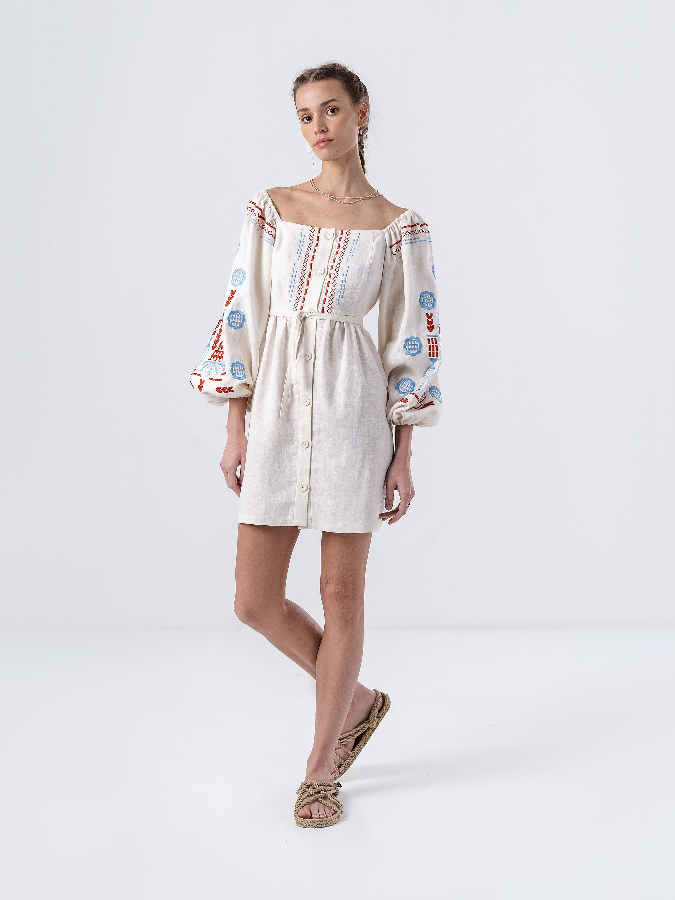 Linen embroidered dress with milk color MOZAIKA cheap