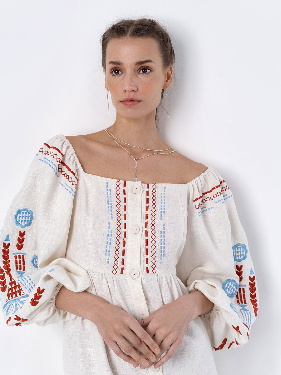 Linen embroidered dress with milk color Mosaic [0]