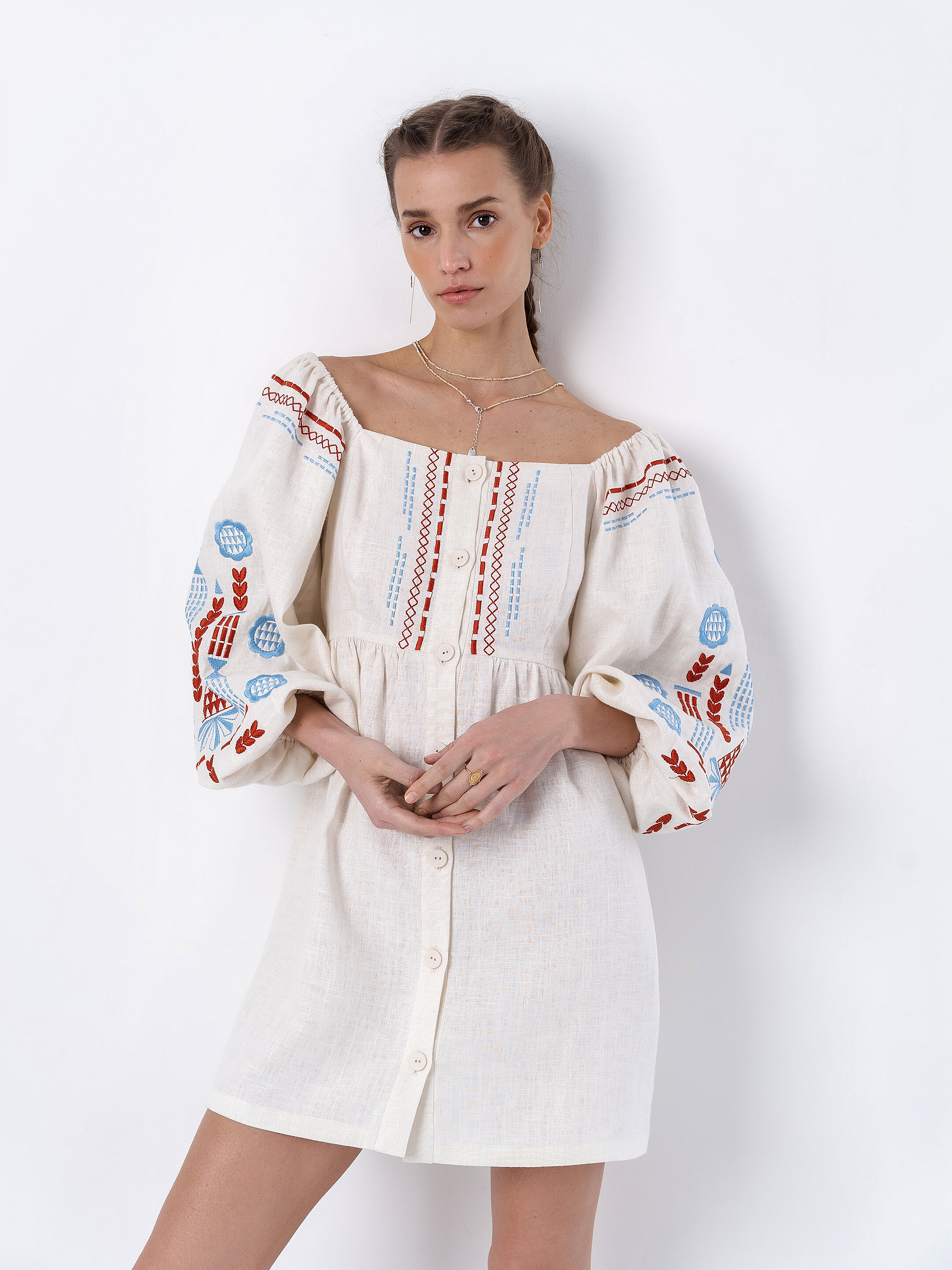 Linen embroidered dress with milk color MOZAIKA Buy