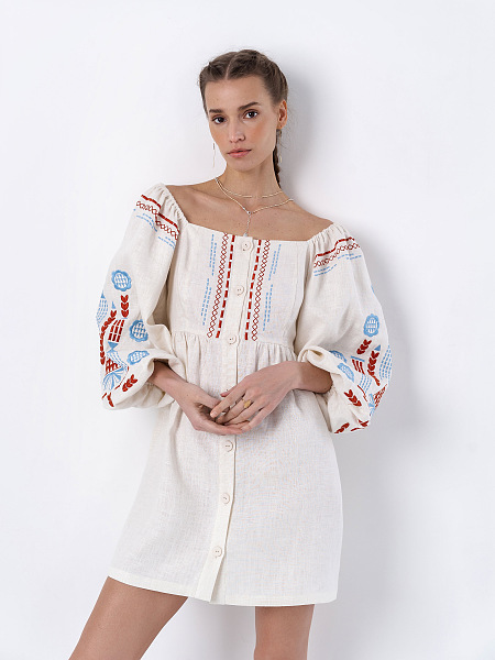 White linen dress with floral embroidery Sobachko buy in Kyiv, price —  Etnodim